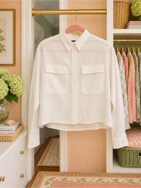 GAP White Cropped Linen Shirt with Pink Trim